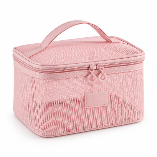 Pink Single-Compartment Mesh Makeup Bag