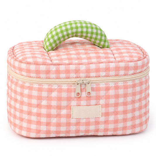 Pink Gingham Travel Makeup Bag