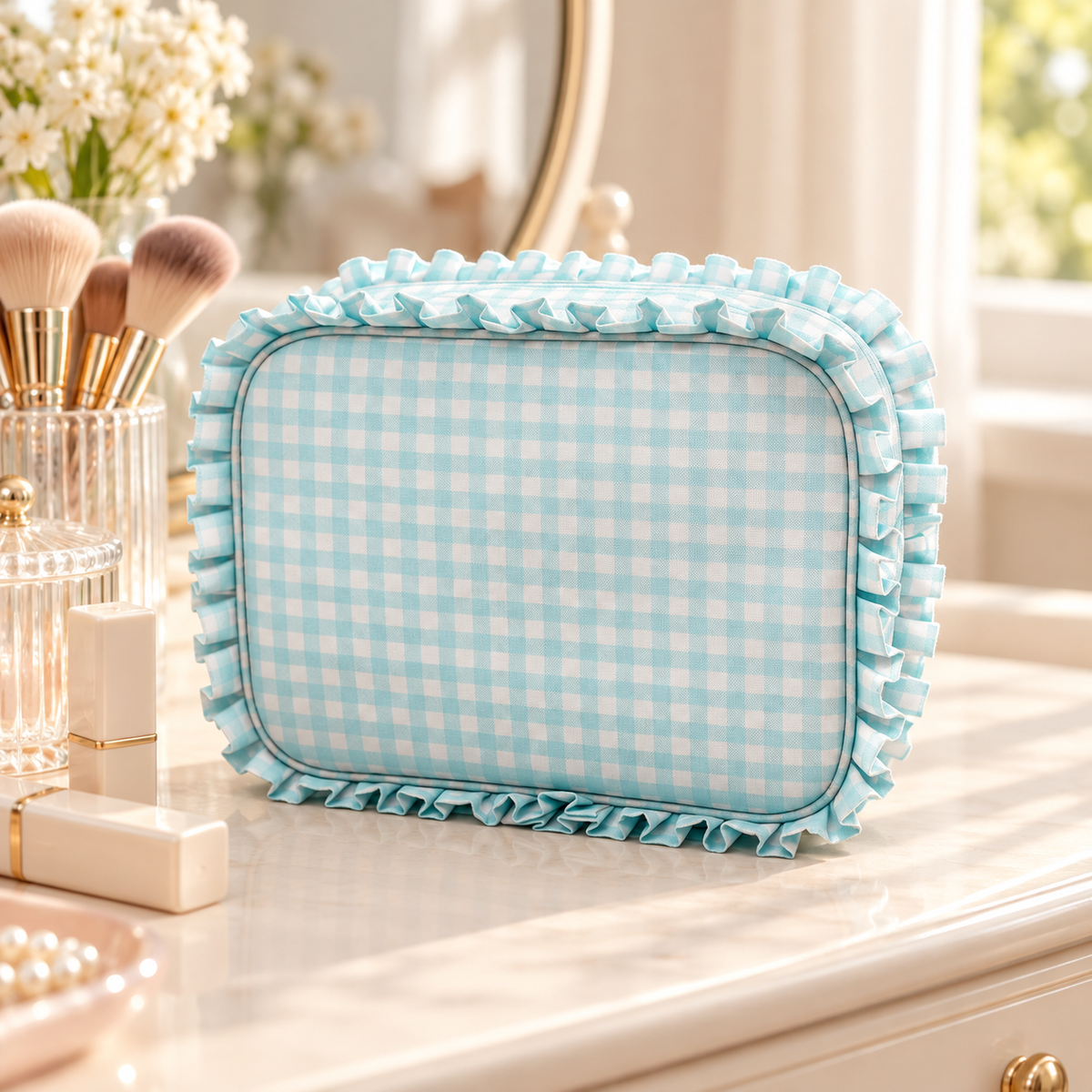 Green Gingham Ruffle Makeup Bag