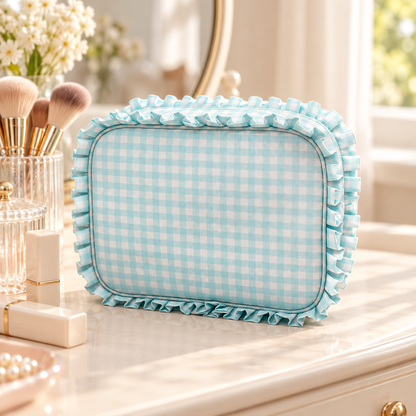 Green Gingham Ruffle Makeup Bag