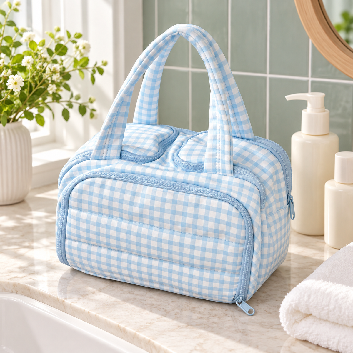 Light Blue Gingham Makeup Bag