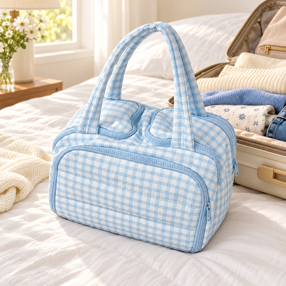 Light Blue Gingham Makeup Bag