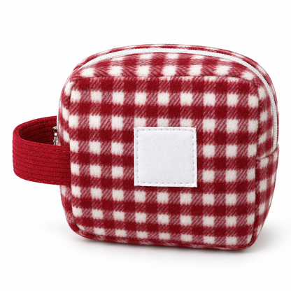 Red & White Plaid Kitty Plush Makeup Bag
