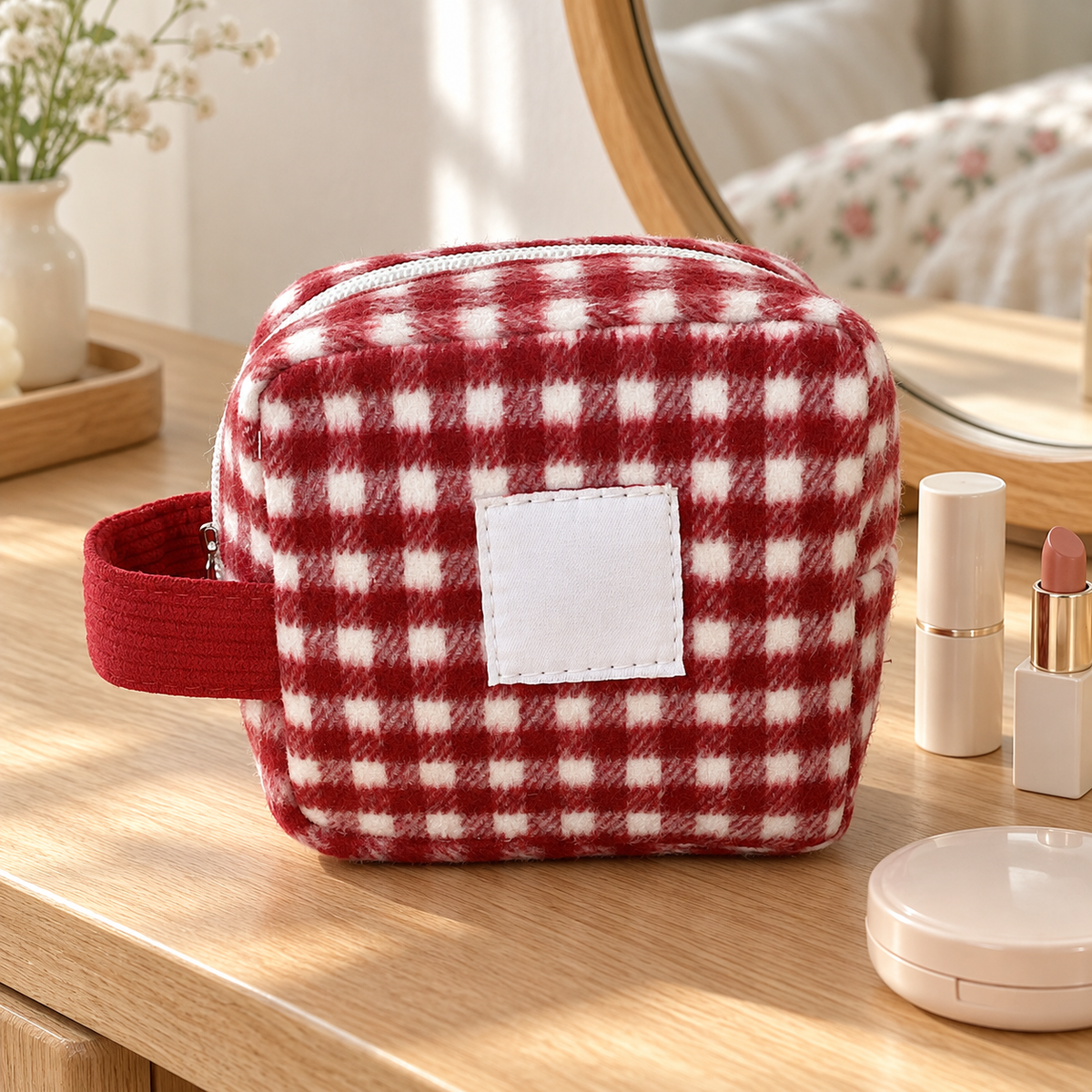 Red & White Plaid Kitty Plush Makeup Bag