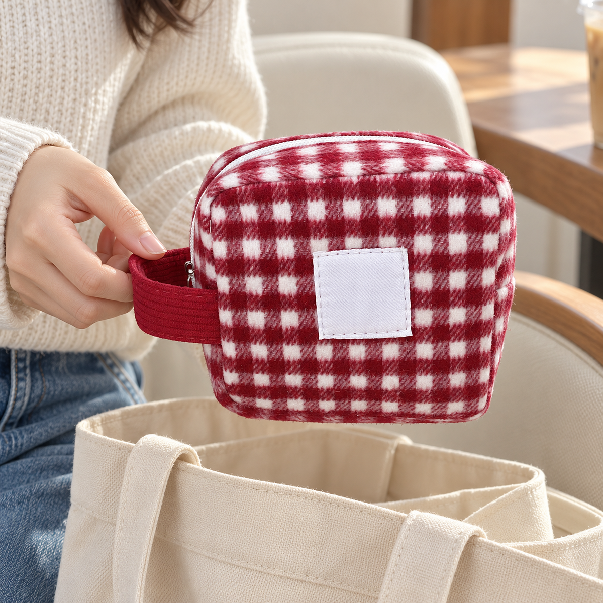Red & White Plaid Kitty Plush Makeup Bag