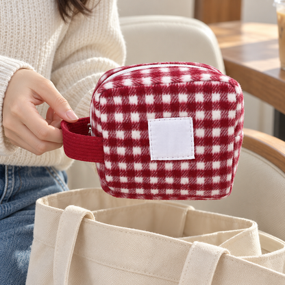 Red & White Plaid Kitty Plush Makeup Bag