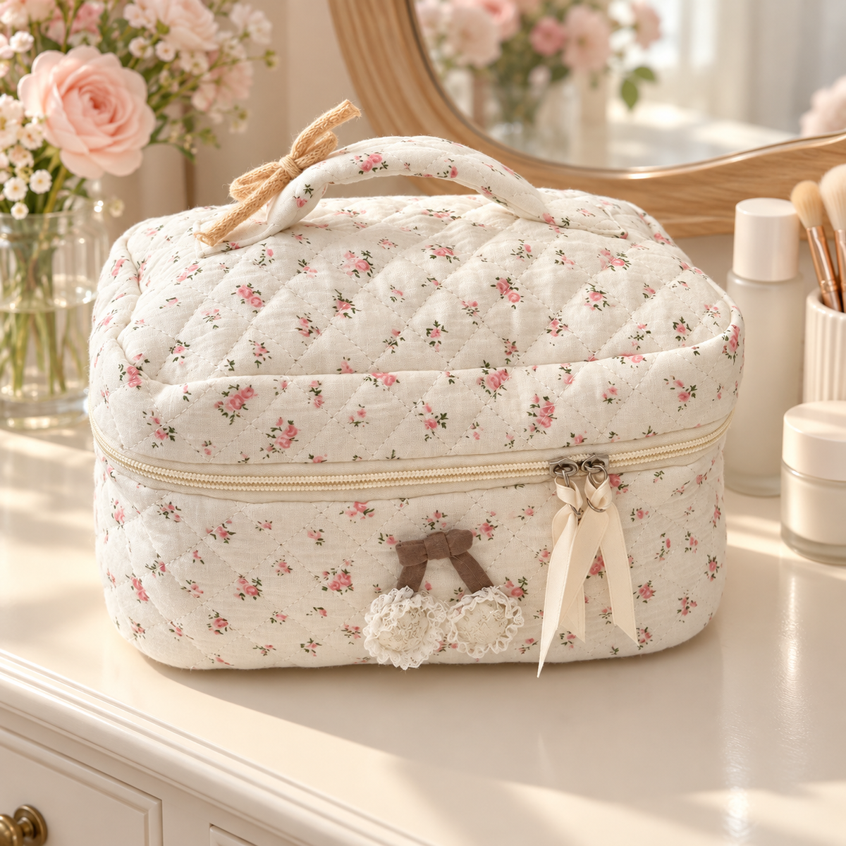 Pink Floral Makeup Bag