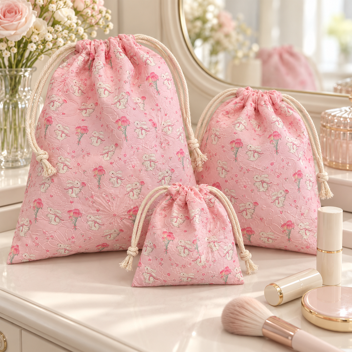 Bouquet Bunny Drawstring Storage Pouch